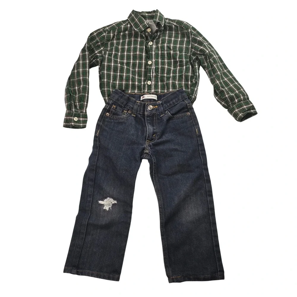 Boys OshKosh Plaid Shirt and Levis 514 Straight Jeans Set Green Blue Size 4T‎